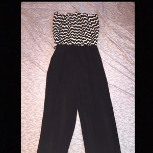 strapless black and white jumpsuit wide leg