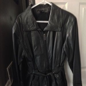 Women's black belted leather coat