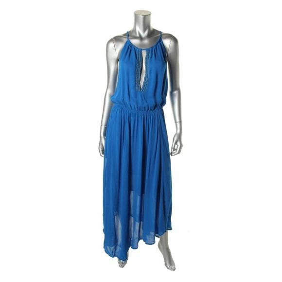 CHELSEA FLOWER Blue Crepe Blouson Halter Maxi Dres