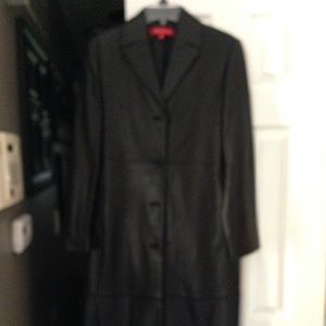 Women's black leather trenchcoat