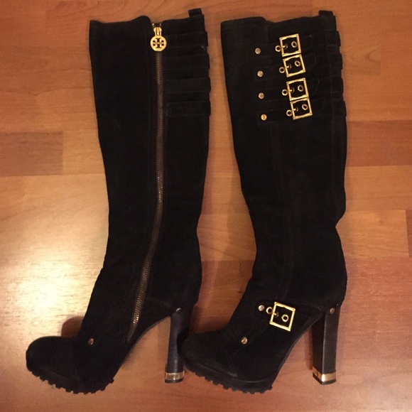 Tory Burch black suede knee high boots