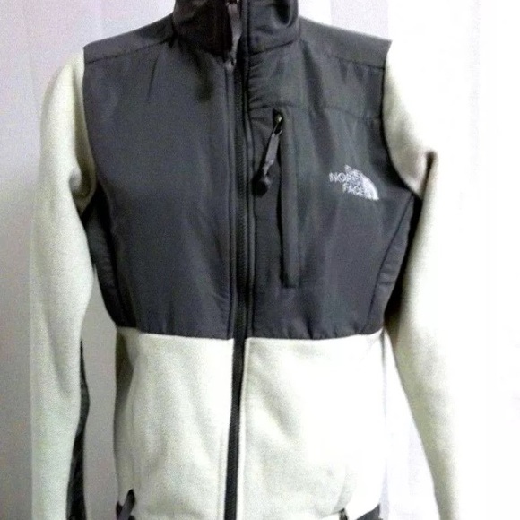 White and grey North Face jacket.