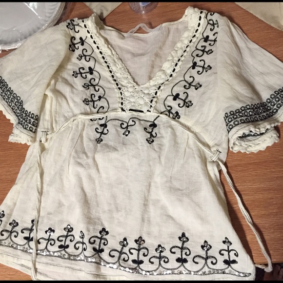 Free people white and black embroidered top