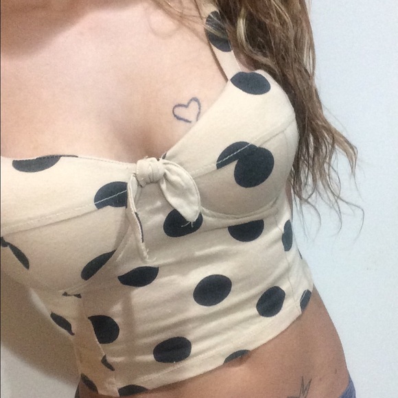 cream, tan with black polka dot belly shirt