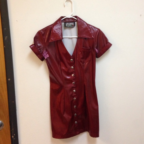 90s faux leather red button up dress