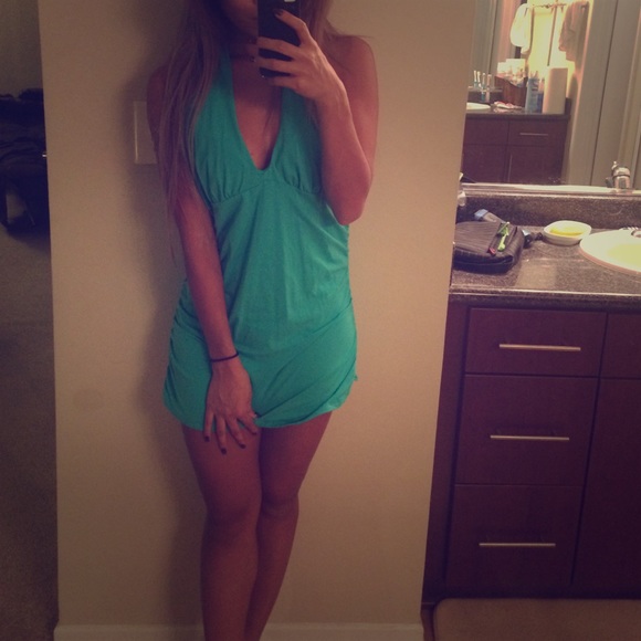 Teal Halter Plunge V Neck Dress