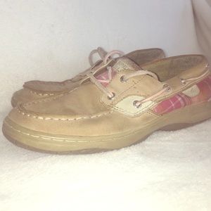 Pink plaid leather sperry