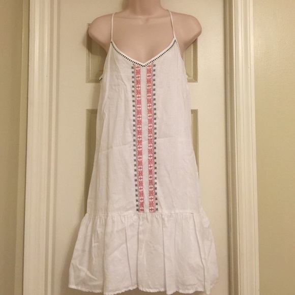 White Summer Dress with Red & Blue Design