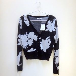 Black and White Floral Cropped Sweater Cardigan