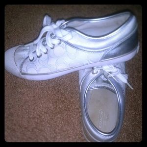 White and silver Coach tennis shoes