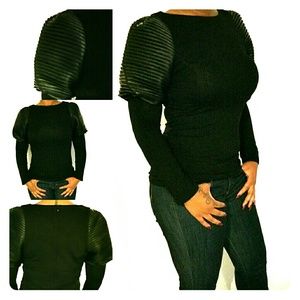 Faux leather pleated shoulder blouse