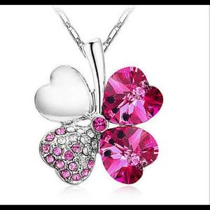 New Silver with ROSE RED Four Leaf Clover Necklace