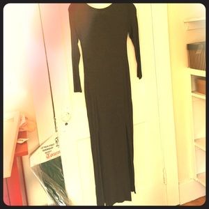 Gray Long sleeve cotton maxi dress with slits