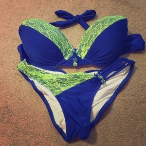 Blue and lime green lace trim swim suit