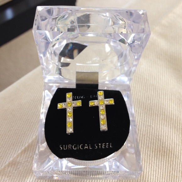 Jewelry - NWT Steel Cross Earrings with Gemstones