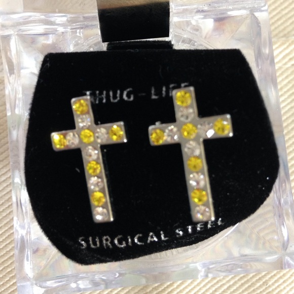 NWT Steel Cross Earrings with Gemstones - Picture 2 of 2