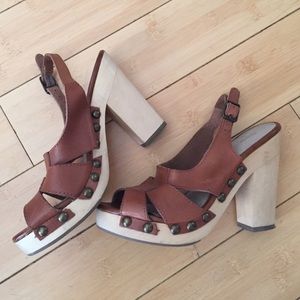 Wood and leather sling back sandals with studs