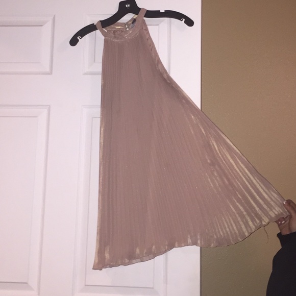 Tan shimmery high neck blouse.