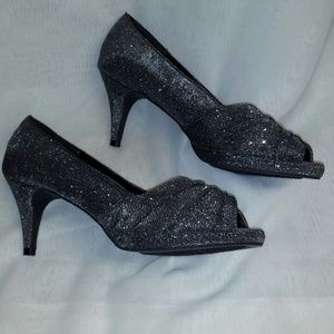 Silver & Black Sparkle Open Toe Dress Heels