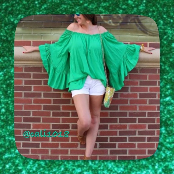 🆕Green Flowy Sleeve Off Shoulder Boho Top M & L - Picture 2 of 4