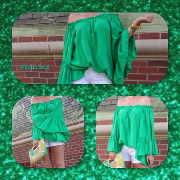 🆕Green Flowy Sleeve Off Shoulder Boho Top M & L - Picture 3 of 4