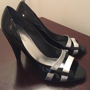 Black and silver peep toe shoes, size 10