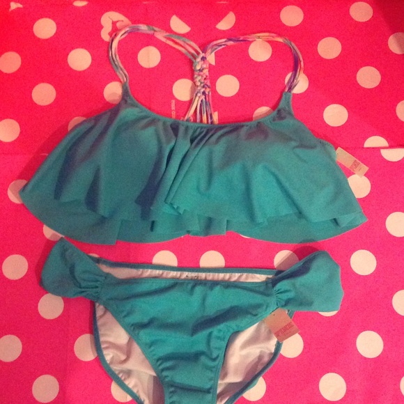 VICTORIAS SECRET PINK AQUA BIKINI SET FLOUNCE TOP