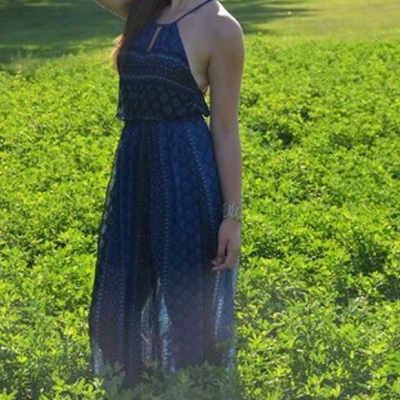 blue floral print Goddess neck style dress