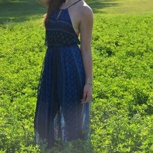 blue floral print Goddess neck style dress