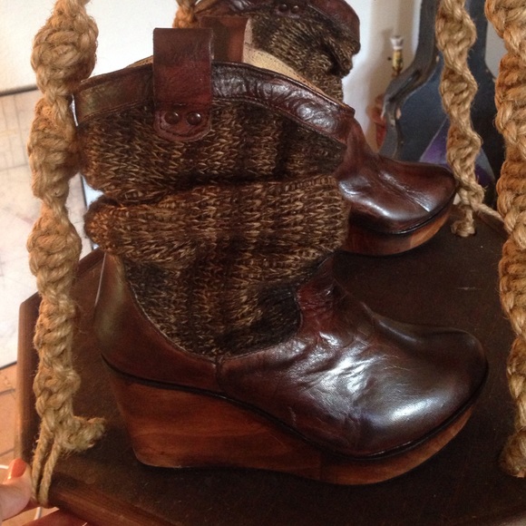 Bed Stu Shoes - Bed Stu Brown Leather Knit Bootie Western Wedge