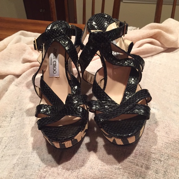 Jimmy Choo Shoes - Jimmy Choo Black and Ivory Wedge Sandals