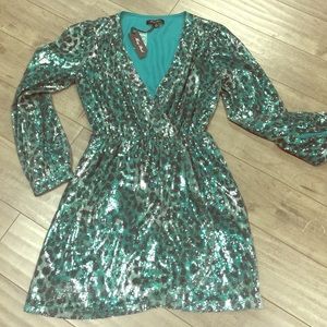 Emerald Leopard Sequin Faux Wrap Dress