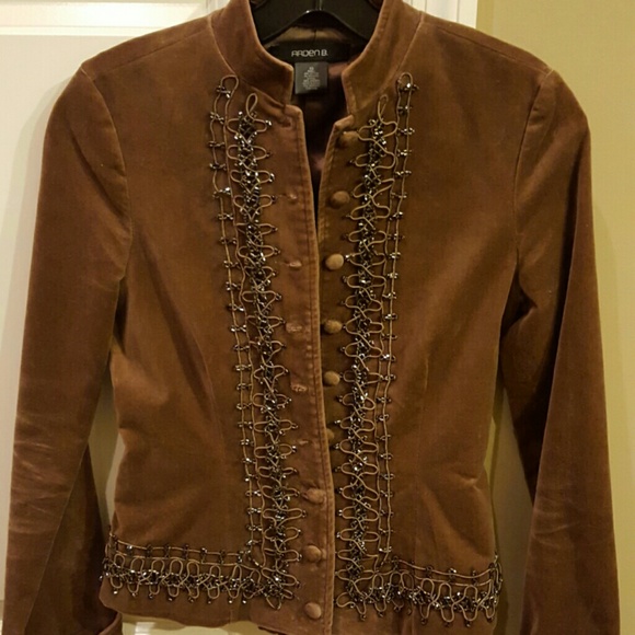 Brown Velvet Blazer with Beaded Trim Detail