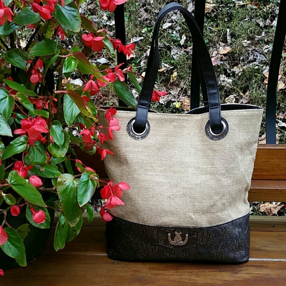 Tan and brown burlap handbag