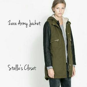 ZARA army jacket with leather sleeves.