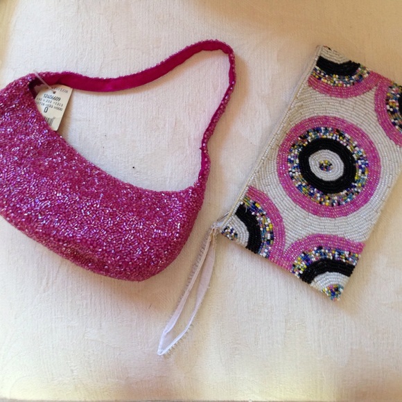 New - pink beaded clutch and beaded Wristlet