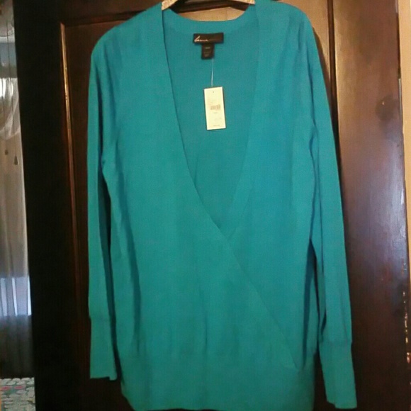 Long turquoise blue faux wrap sweater