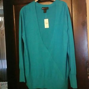 Long turquoise blue faux wrap sweater