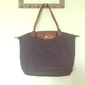 Longchamp navy/brown leather Le Pliage tote