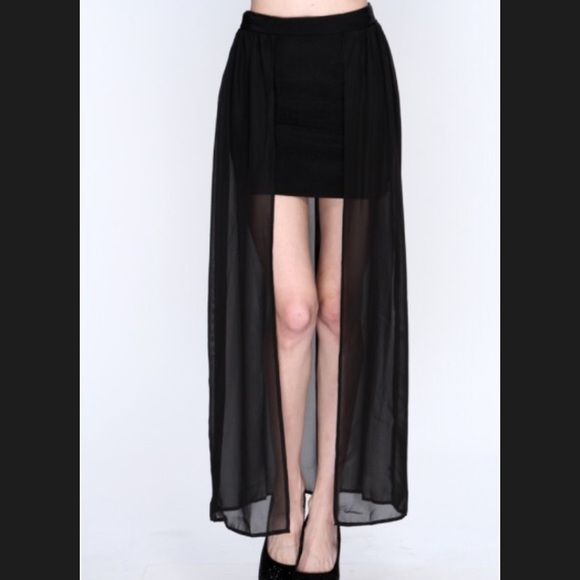 black mini skirt with sheer overlay