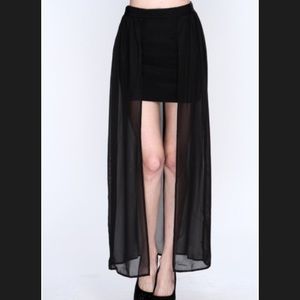 black mini skirt with sheer overlay