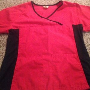 Red and black scrub top