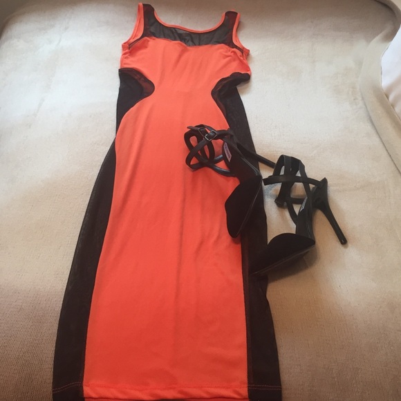 Black sheer/orange body conscious dress - small