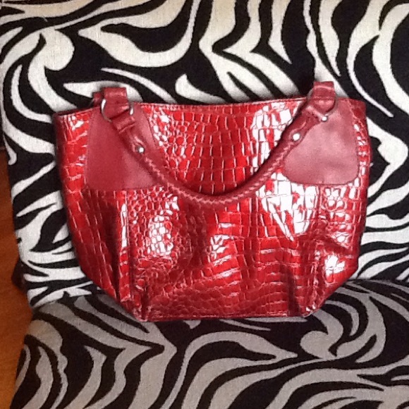 Red animal print leather bag