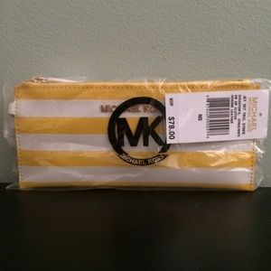 genuine leather yellow & white striped zip clutch