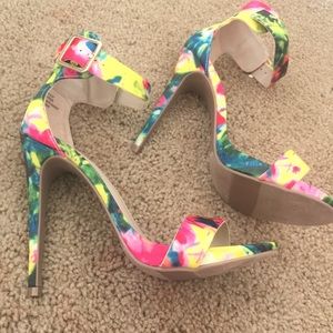 5' heel multi colored sandals with gold buckle