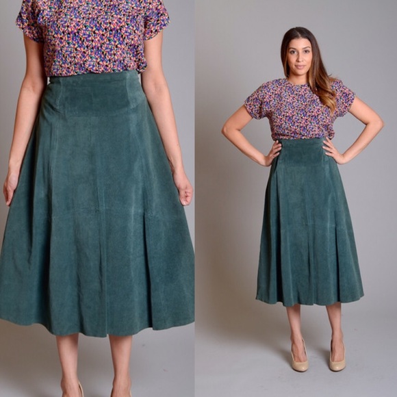 Vintage green suede midi flare skirt