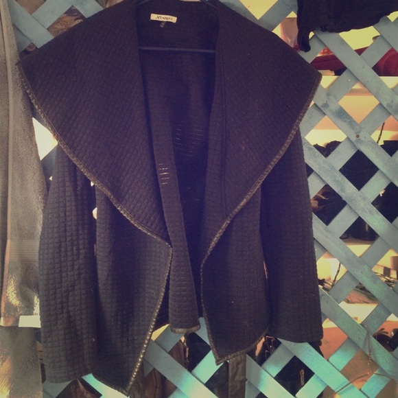 Blue cardigan with edgy leather trim