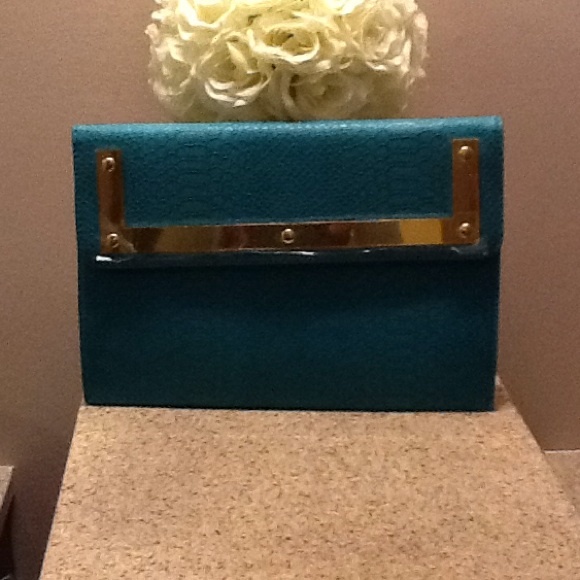 Turquoise Snake print Clutch with Gold trim