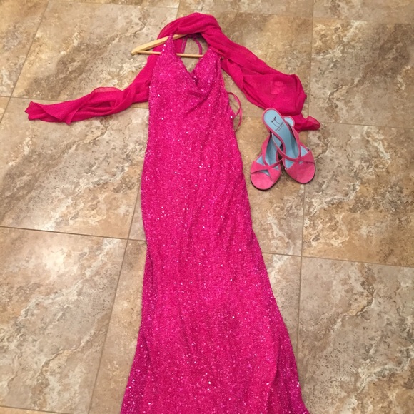 Hot pink beaded evening dress